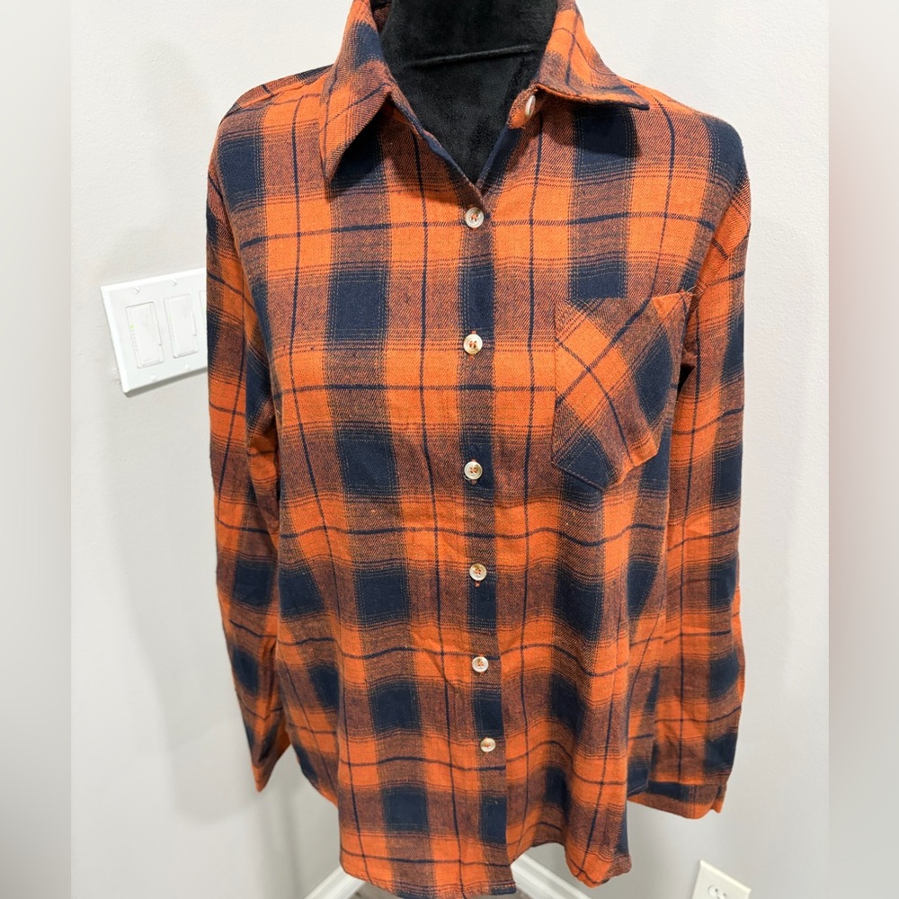 Orange and Blue Plaid Button-Up Shirt